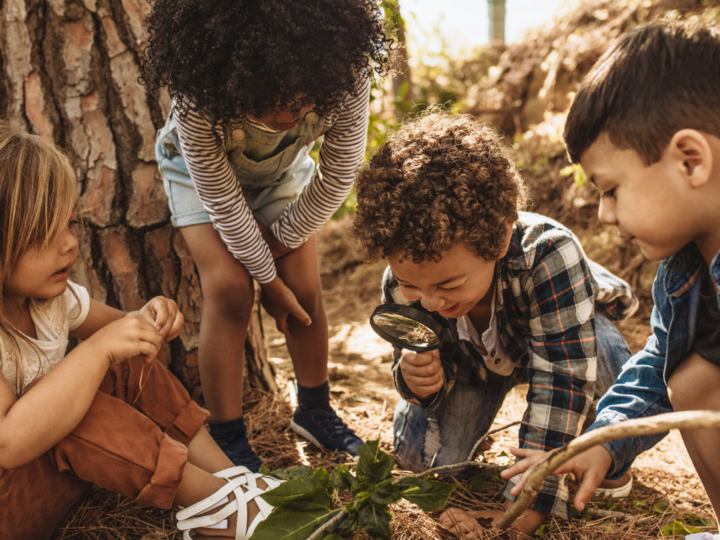 Four children looking at leaves up close with a magnifying glass
