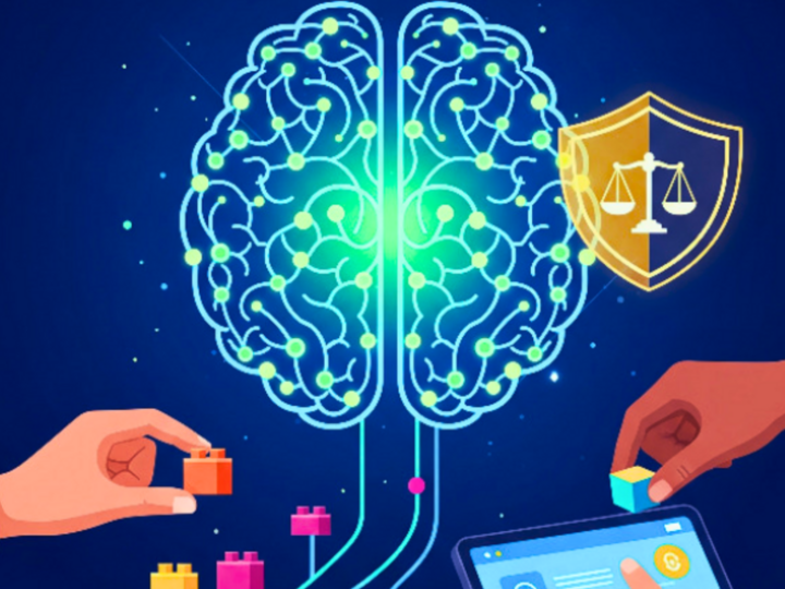 Illustration of a digital brain with neural connections, symbolizing artificial intelligence, ethics, and governance, with hands assembling data blocks and a justice shield icon.