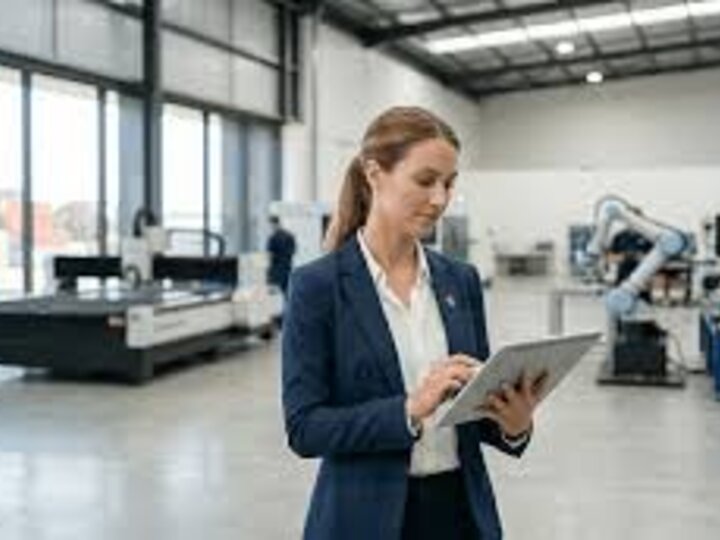 Person in formal attire using a tablet in a bright industrial workspace.