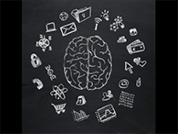 Chalkboard with hand drawn of the brain with many icons around to show thoughts and ideas as pictures